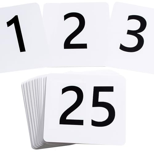 Números de mesa de plástico de doble cara, tarjetas de lugar, tarjetas de números de mesa (blanco, 25 números de mesa)