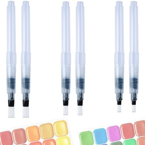 BUKEQILA Wassertankpinsel Nachfüllbare Aquarellstifte - 6 Stück Flache Spitzen Aquarellpinsel in 3 Größen, Wasserfarbenpinsel zum Malen, Farbmischen und Kalligrafieren, Wasserfarbenpinsel zum Zeichnen