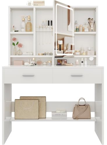 Devoko Schminktisch mit LED-Beleuchtung, Einstellbare Helligkeit, 3 Farben, Frisiertisch mit Spiegel, Schubladen, Offenen Fächern, Schminktisch mit Schmuckablage,90×40cm, Weiß