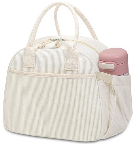 Carry bloom Lunch Box for Women, Insulated Lunch Bag Cute Corduroy Lunchbox Reusable Tote Bags for Work (beige corduroy)