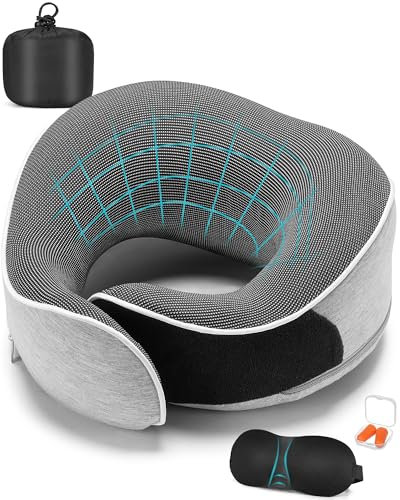 Acacomft Reise Nackenkissen Flugzeug, Orthopädisches Reisekissen Auto, Memory Foam Nackenhörnchen für Erwachsene und Kinder, Nackenstützkissen mit 3D-Schlafmaske, Ohrstöpseln, Hochwertige Bezug