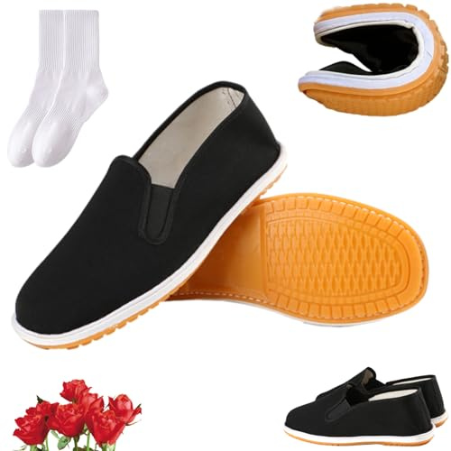 Chaussures de Kung Fu pour homme et femme, chaussures traditionnelles chinoises de Tai Chi en toile, unisexes, légères et respirantes avec fond en caoutchouc noir à enfiler, Noir , 43.5 EU