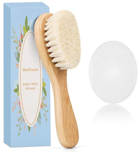 MolYuan Brosse cheveux bebe, à cheveux Poils de chèvre doux Premium Brosse à bébé en bois pour Cradle Cap, garçons et filles, pour enfant et nouveau-né, Blanc Brosse de chapeau de berceau