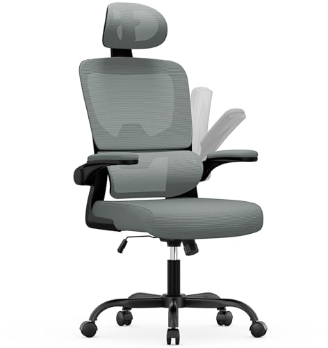 naspaluro Ergonomic Office Chairs, High Big Study Desk Computer Chair with Back Support, Adjustable Headrest and Flip-up Armrests Dark Gray Work Chair, Swivel Comfy PC Mesh Office Chairs for Home