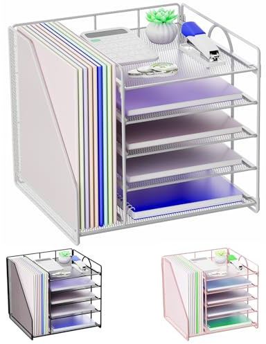 Volmop Desk Organizers, 5-Tier Paper Letter Tray Organizer with File Holder, Mesh File Organizer, Desktop Organizers and Storage for Desk Accessories Office Supplies, White
