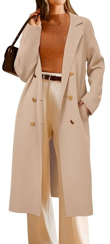 Arach&Cloz Women's Cashmere 2025 Cardigan Sweater Double Breasted Notch Lapel Trench Coat Fall Outfits Business Work Long Lightweight Jacket Winter Fashion Clothes with Pockets Khaki Apricot M