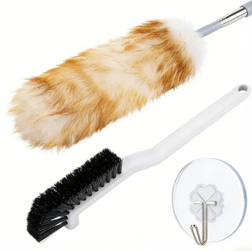 ZXBBTZ Spolverino Estensibile in Lana d'Agnello Piumino per Spolverare con Asta Telescopica Fino a 140cm Spolverino Telescopico con Spazzola e Ganci per Soffitti Ventilatori a Soffitto Mobili Persiane