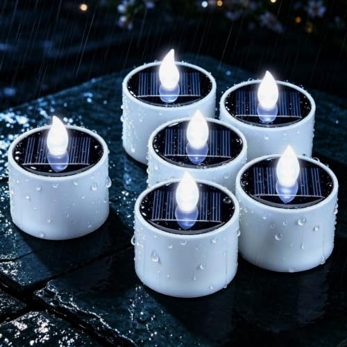 Yakpo Paquete de 6 velas eléctricas parpadeantes de color blanco frío para exteriores, impermeables, alimentadas por energía solar, velas votivas recargables sin llama, velas de té con batería