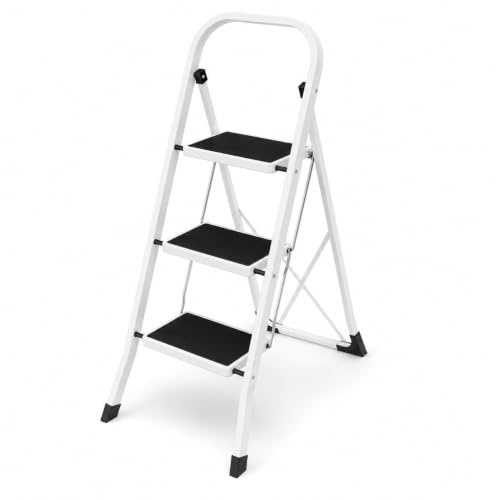 Escalera Plegable de Acero de 3 Peldaños con Antideslizante – Escalera con Estructura Metálica Reforzada, Peldaños de Goma Antideslizante y Diseño Ultrafino para Hogar, Cocina, Oficina y Almacén