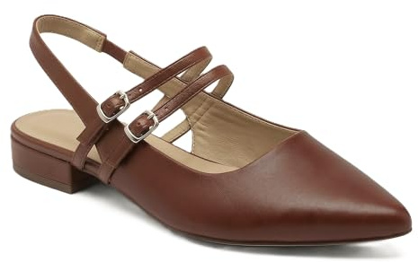 Ballerine Donna Eleganti Scarpe Estive Punta Slingback Doppia Fibbia Tacco Basso Scarpe Comode Ufficio (Marrone, Adulto, 39, Numero, Sistema Taglie Calzature EU, Media)