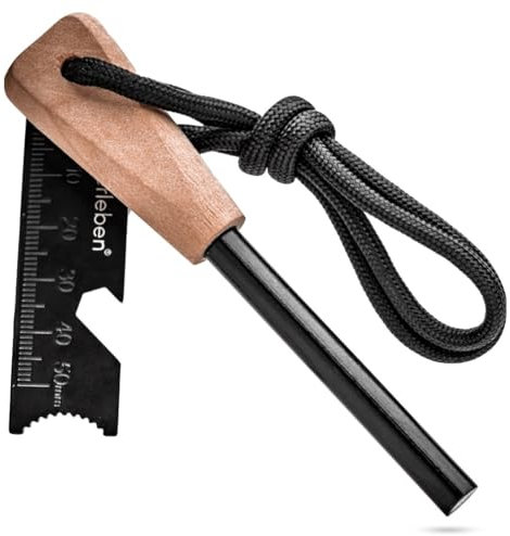 überleben Zünden Fire Starter | 5/16”, 3/8” or 1/2” Thick Bushcraft Fire Steel with Handcrafted Wood Handle | 12,000-20,000 Strikes | Traditional Survival Ferro Rod | Neck Lanyard | Pro 3/8