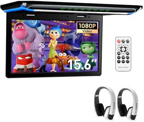 XTRONS 15.6 Inch Ultra-thin Car Ceiling Roof Mounted TFT 180° Max Open Angle 1080P Video Car Overhead Player Roof Mounted Monitor with HDMI/USB/SD Door Control 2pcs White IR Headphones Included
