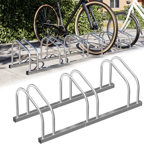 BAKAJI Rack pour vélo de Sol ou Mur, Support de stationnement extérieur pour vélo en Acier, Porte-vélo avec matériel de Montage Inclus (3 Places), Argent