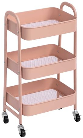 AGTEK 3 Tier Utility Rolling Cart with Lockable Wheels, Metal Multifunctional Storage, Organizer Cart for Kitchen, Office, Living Room, Makeup, Craft, Art Studio, Millennial Pink