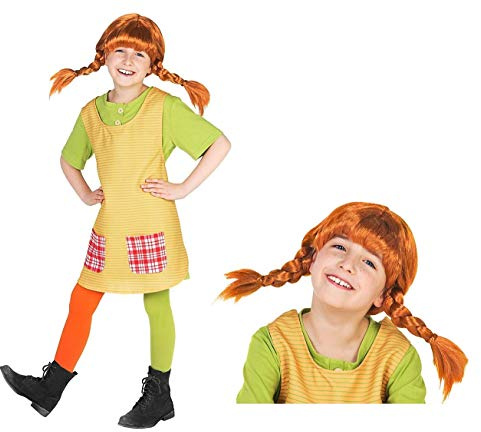 Maskworld Pippi Langstrumpf Komplett Kostüm für Kinder - 4teilig mit Perücke - grün/gelb Lizenz Filmkostüm (122/128)