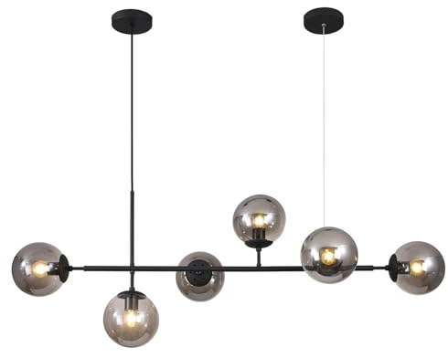 KCO Lampadario 6 Luci Grigio Fumo Sfere di Vetro 120cm Rettangolo Sputnik Lampadario a Sospensione Nero Lampadari Moderni per Soggiorno Camera da Letto Cucina