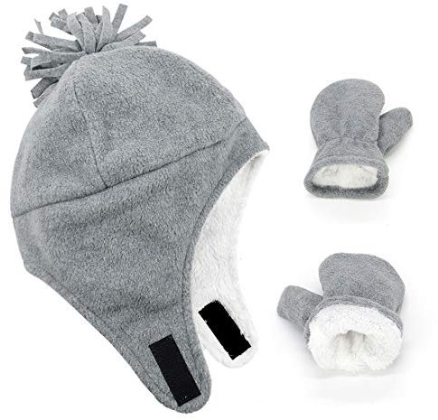 Durio Baby Mütze und Handschuhe Set Junge Wintermütze und Fäustlinge Warmes Gefütterte Fleece Mütze Kappen Ohrenklappe Kleinkind Kinder Mädchen Hellgrau 3-12 Monate