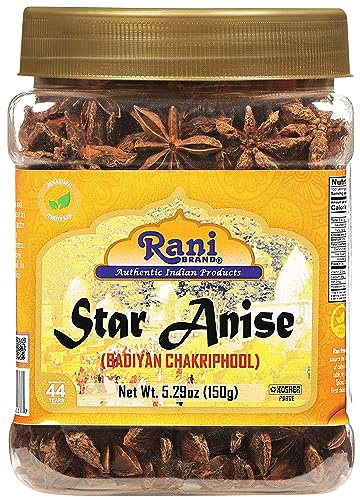 Rani Star Anise Seeds, Whole Pods (Badian Khatai) Spice 5.29oz (150g) PET Jar ~ All Natural | Gluten Friendly | NON-GMO | Kosher | Vegan | Whole Chinese Anise Star Pods Sun Dried Spice, Anis Estrella / Illicium Verum, Widely Used for Baking, Drinks, Cooking, and Tea