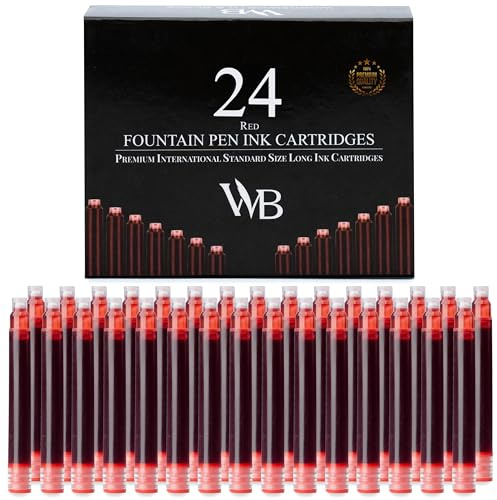 Wordsworth & Black Fountain Pen Ink Cartridge Refills, 24 Pack, Red | Fits Most Pens, Short Size, Smooth Flow, Quick-Drying, Journaling Calligraphy, Generic Disposable, Vegan