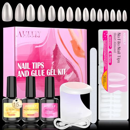 AISEELY Nail Tips and Glue Gel Kit, 360 Stück Nageltips für Gelnägel, Gel Nail x Extension Set Kleber, Press on Nails Art Nagelspitzen mit 4 in 1 Nagelkleber Nail Dehydrator and Primer, Kurzen Mandeln