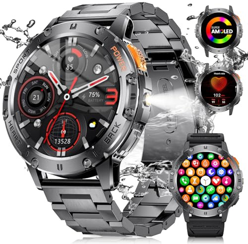 FOXBOX Montre Connectée Homme, 1.43 Écran AMOLED Smart Watch avec LED Lampe Torche pour Android iOS, Etanche IP68, 24H Fréquence Cardiaque, Appel Bluetooth, 300+ Cadran, 110+ Sportmodi