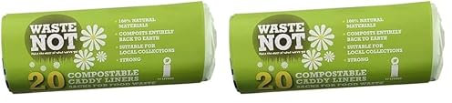 Waste Not Compostable Caddy Liner, 100% Natural Material, 100% Biodegradable Bin Bags, 10L Capacity, Roll of 20 (Pack of 2)