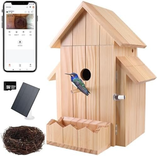 Nichoir à oiseaux intelligent avec caméra à énergie solaire, Wi-Fi 1080p, capture automatique de vidéos d'oiseaux et détection de mouvement, nichoir pour oiseaux (couleur naturelle, normal)