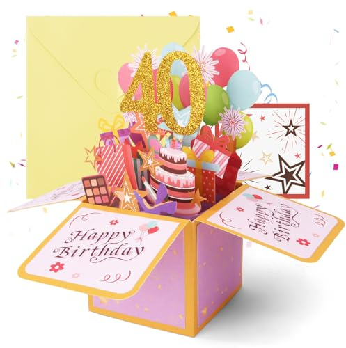 OFFCUP Tarjeta de Felicitación Cumpleaños de 40 Años, Pop Up 3D Tarjeta Emergente con Notas y Sobre, 40 Tarjeta de Cumpleaños, Como Creativo Regalo a Familias Amigos y Ninos (Rosa)