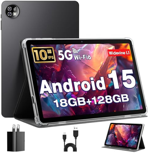 Tableta 10 Pulgadas, Tableta Android 15 con Funda, Octa-Core, 18 GB RAM + 128 GB ROM + 1 TB TF, Pantalla HD IPS 1280*800, Cámara Dual 5MP + 8MP, 6000 mAh, WiFi 5G + 2,4G, BT 5.0, Widevine L1, GPS