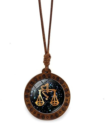 UBBVPKY Collana Con 12 Costellazioni Per Donna E Uomo - Collana Con Ciondolo A Catena In Legno Con Corda Di Cera Rotonda Segno Zodiacale Astrologia Oroscopo Gioielli Bilancia