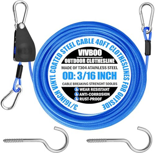 VIVBOO 40ft Clothes Line Outdoors 3/16 Wire Ropes Blue PVC Coating Laundry Drying Clothesline Retractor with Metal Hooks Heavy Duty for Umbrella Travel Outside Camping Backyard