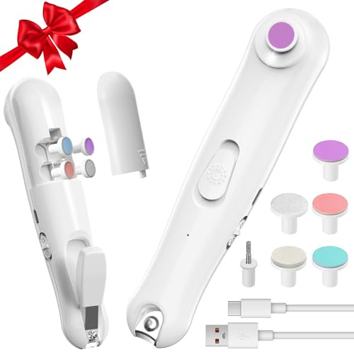 BOYUNSHI Baby Electric Nail File, 2 in 1 Baby Nail Clipper Gentle Safe Nail Trimmer with LED Light & 6 Grinding Heads, Adjustable Speed and Direction Portable Nail Care Kit for All Ages