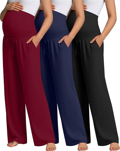 Oakgarden 3 Pcs Maternity Sweatpants Over The Belly Pregnancy Straight Wide Leg Elastic Drawstring Pants Joggers with Pockets(Black, Navy Blue, Wine Red,X-Large)
