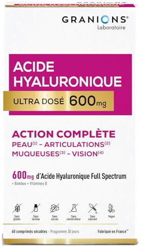GRANIONS Acido Ialuronico Ultra Dosato 600 mg | 60 Compresse | Full Spectrum | Bamboo + Vitamina B3, B2, B8 | Pelle, Articolazioni, Mucose | Vegano | Senza Glutine | 30 Giorni