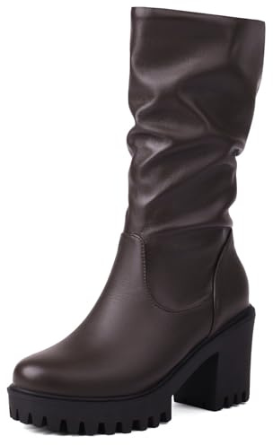 Diuniarza Femme Plateforme Bottillons Bout Rond Slouch Mode Chunky Bottes Hautes Bottes à Enfiler Marrón Taille 34 EU