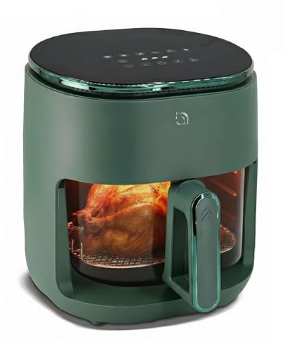 WILLOW Eco Series 6 in 1 Air Fryer with Glass Basket, 5 Quart Non Toxic Air Fryer w Digital Display, 430°F Max Temp, Preheat & Keep Warm Function, Compact + Dishwasher Safe Glass Airfryer - GREEN