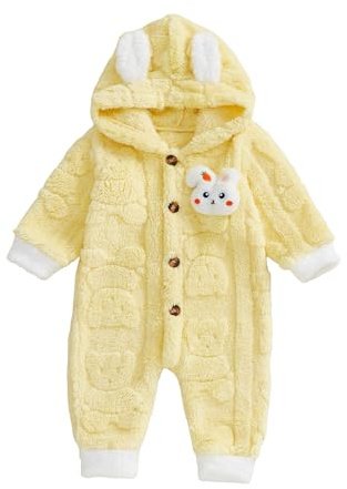 JCOPLY Newborn Baby Girl Romper Long Sleeve Hooded Jumpsuit Cute Bunny Snowsuit Fluffy Flannel Overalls Infant Baby Easter Outfit Girls Winter Clothes (Lemon Yellow, 3-6 Months)