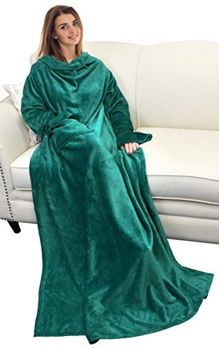 Catalonia, coperta in pile con maniche, micro peluche morbido visone, soffice coperta, coperta scialle per adulti, donne e uomini,185 x 130 cm, Microfibra, Green, 185cm x 130cm