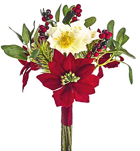 FloristryWarehouse Artificial Christmas Rose Mixed Bouquet Poinsettia Mistletoe Pine and Berries 30cm