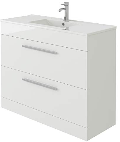 VeeBath Venus 1000 Vanity Unit, Mid Edge Wash Basin Bathroom Sink, Soft Close Drawer, Cloakroom Wall Mounted Storage Cabinet- White (Flat Pack)
