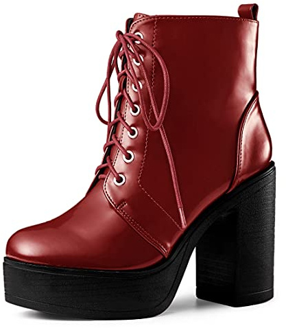 Allegra K Women's Platform Chunky High Heel Lace Up Red Combat Boots - 7.5 M US
