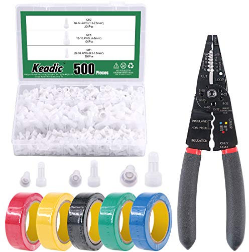 Keadic 506Pcs Electrical Wires Crimping Kit, Including 16-14AWG Nylon Closed End Crimp Terminals, 5 Rolls of Electrical Tapes and 8 Wire Stripper Crimper for RV Wiring