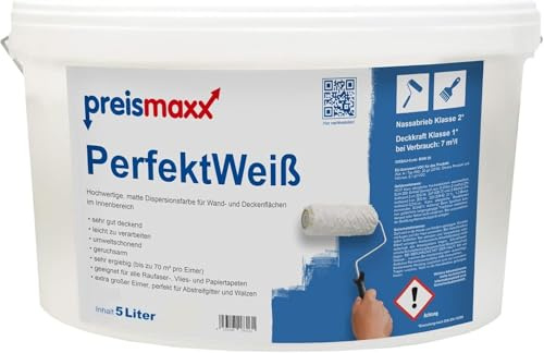 Preismaxx Perfektweiß Wandfarbe 5L – Innenfarbe Weiß, Sehr Hohe Deckkraft Klasse 1, Matt, Tropf- & Spritzarm, Ergiebig, Profi-Qualität für Innenwände & Decken