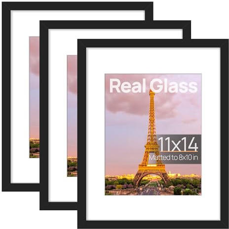 upsimples 11x14 Picture Frame Set of 3, Made of High Definition Glass for 8x10 with Mat or 11x14 Without Mat, Wall and Tabletop Display Photo Frames, Black
