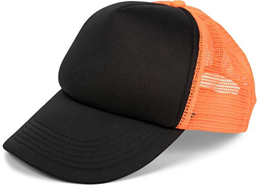 styleBREAKER Unisex 5-Panel Trucker Cap mit Mesh-Einsatz | verstellbares Basecap mit Click Snap Verschluss | luftiges Netz Cap für Damen und Herren, Farbe:Schwarz-Neonorange