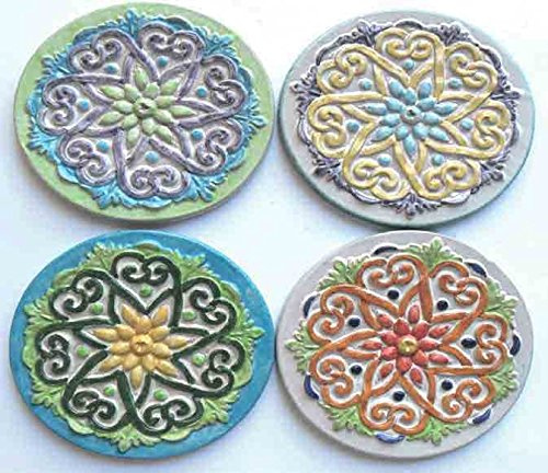 ROSONE FIORE PANNELLI A MURO (SET 4 PEZZI) IN CERAMICA DI VIETRI DIPINTI A MANO: DIAMETRO CM. 18, SPESSORE CM. 3 MATTONELLE DECORAZIONI TERRACOTTA MADE IN ITALY