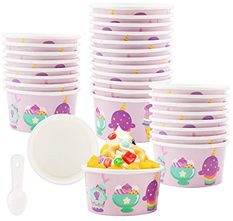 GLAITC 50-Pack Pink Round Ice Cream Bowls with Spoons, 125ml Capacity, Paper Material, Country Style, Ideal for Ice Cream, Yogurt, Desserts, Restaurants, Dinners, Bakeries, Offices