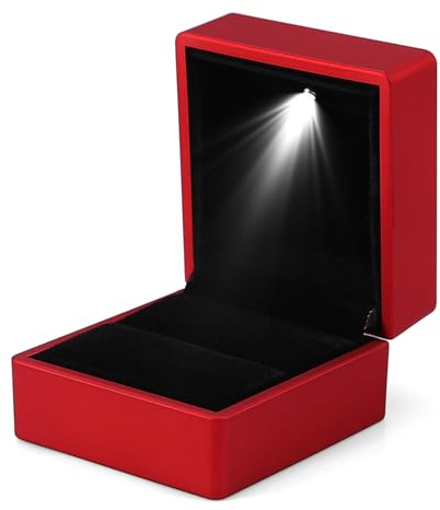 Yosoo Health Gear Caja de Anillo LED con Luz, Vitrina de Joyería para Propuesta de Matrimonio y San Valentín, Estuche de Presentación para Anillos de Compromiso, Color Rojo