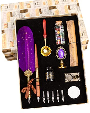 Juego de Pluma de Inmersión JasCherry, Pluma y Tintero Antiguo con Sellos de Cera, 5 Plumines Adicionales y Tinta, Bolígrafos de Caligrafía para Arte, Escritura, Firma, Decoración, Regalo