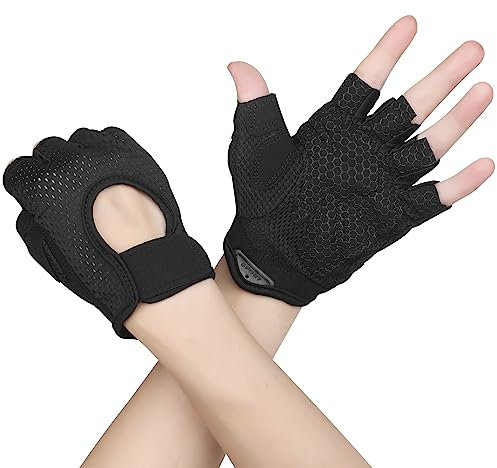 Fitness Handschuhe Damen Herren Trainingshandschuhe 2 Stück Anti Rutsch Silikon Atmungsaktive Sporthandschuhe für Gewichtheben Krafttraining, Handflächenschutz, Radfahren, Bewegung (Schwarz, M)